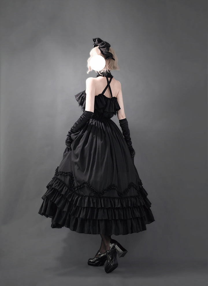 Victorian-Inspired Black Gothic Halter Ball Gown with Lace Ruffles – Lolita Dress with Off-Shoulder Design Plus Size