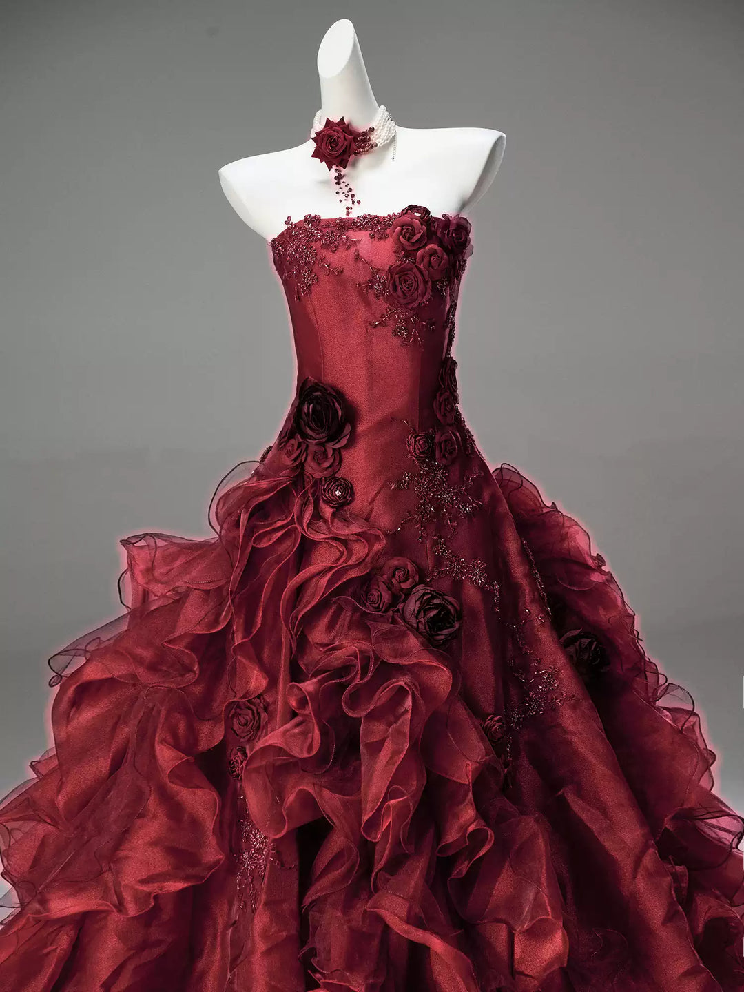 Burgundy Strapless Layered Ruffle Dress with Floral Appliqué – Floral Evening Dress with Corset Back Plus Size