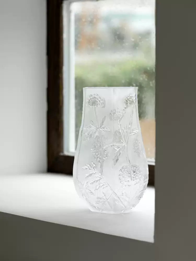 Antique French Handmade White Frosted Crystal Blown Glass Vases with Floral Relief Design