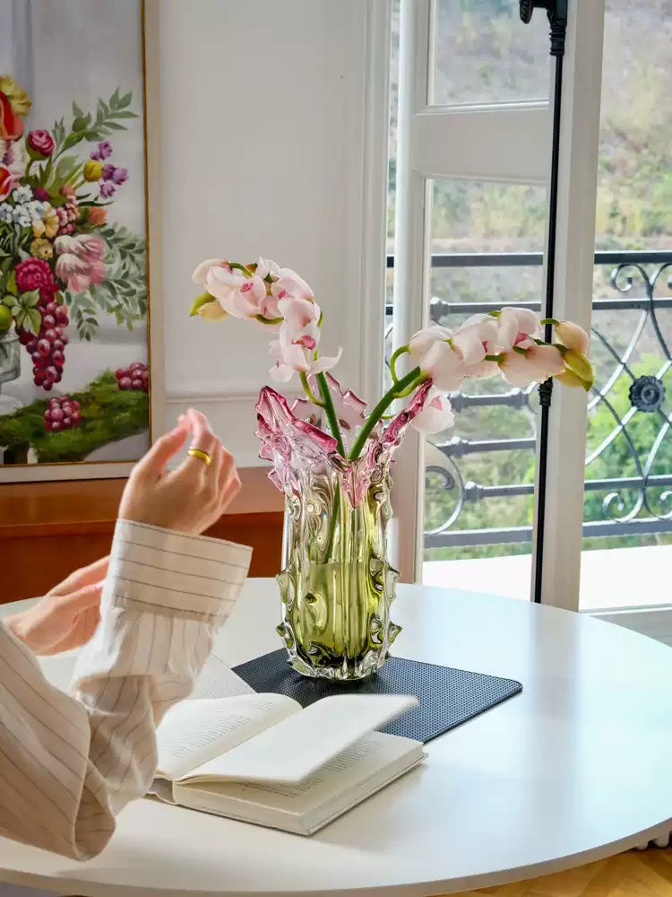 Luxury Handmade French Baccarat Crystal Vase in Gradient Pink and Green Hand-Blown Heavy Crystal
