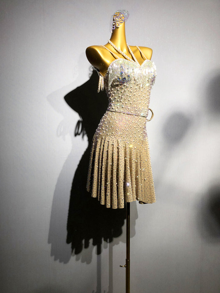 Champagne Sparkly Salsa Dance Dress Champagne with Rhinestone Belt and Pleated Skirt – Latin Dance Costumes