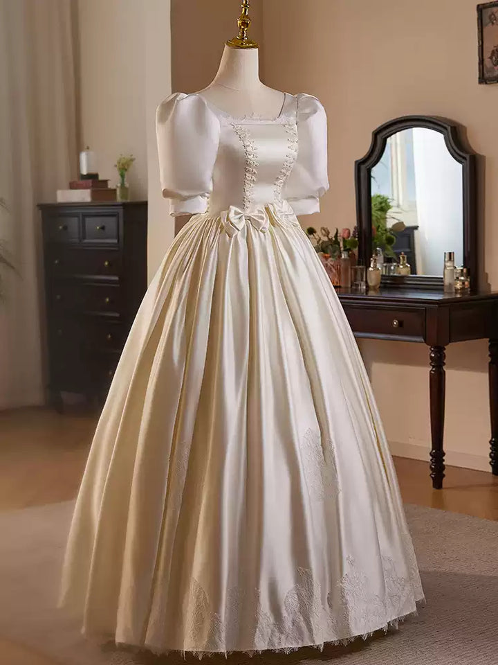 Simple Satin Wedding Dress with Corset – Lace Appliqué Wedding Dress with Bow Detail Plus Size