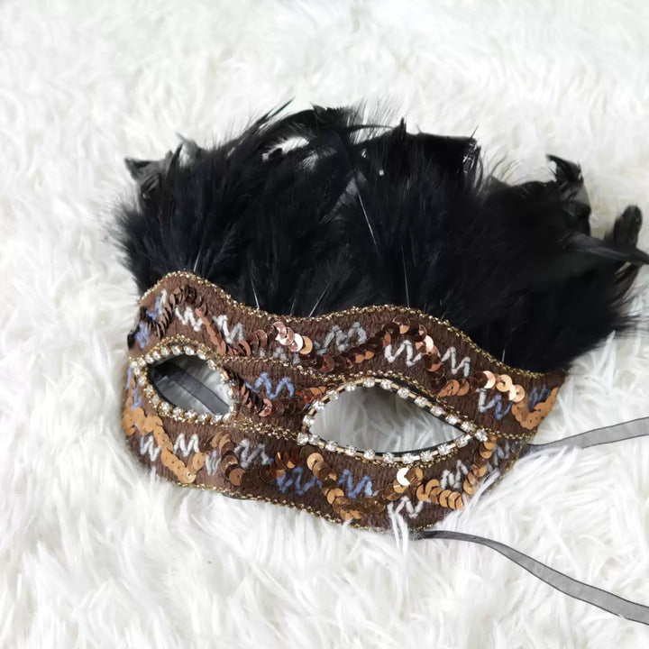 Handmade Venetian Black and Gold Feather Masquerade Mask – Baroque Lace Mask with Sequin