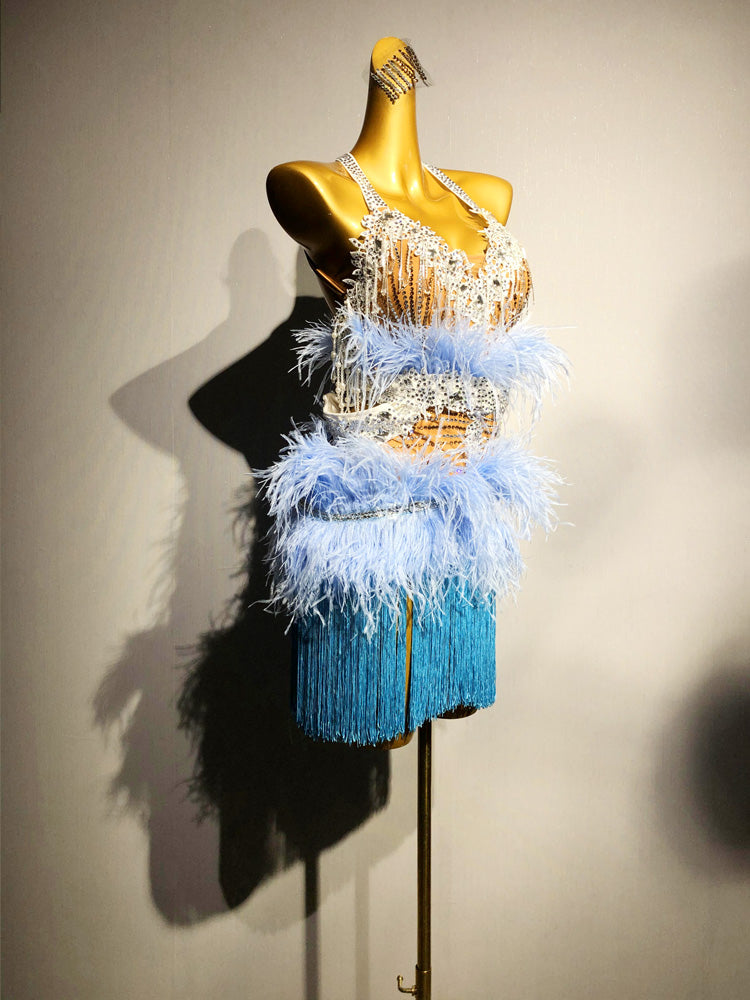 Blue Salsa Sequin Dress with Feather Trim and Fringe Skirt – Handmade Latin Ballroom Dance Costumes