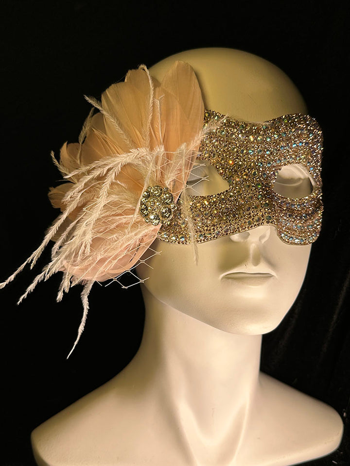 Gatsby Champagne Gold Feather Mask and Prom Mask with Rhinestones – Fancy Mardi Gras Mask with Sequin