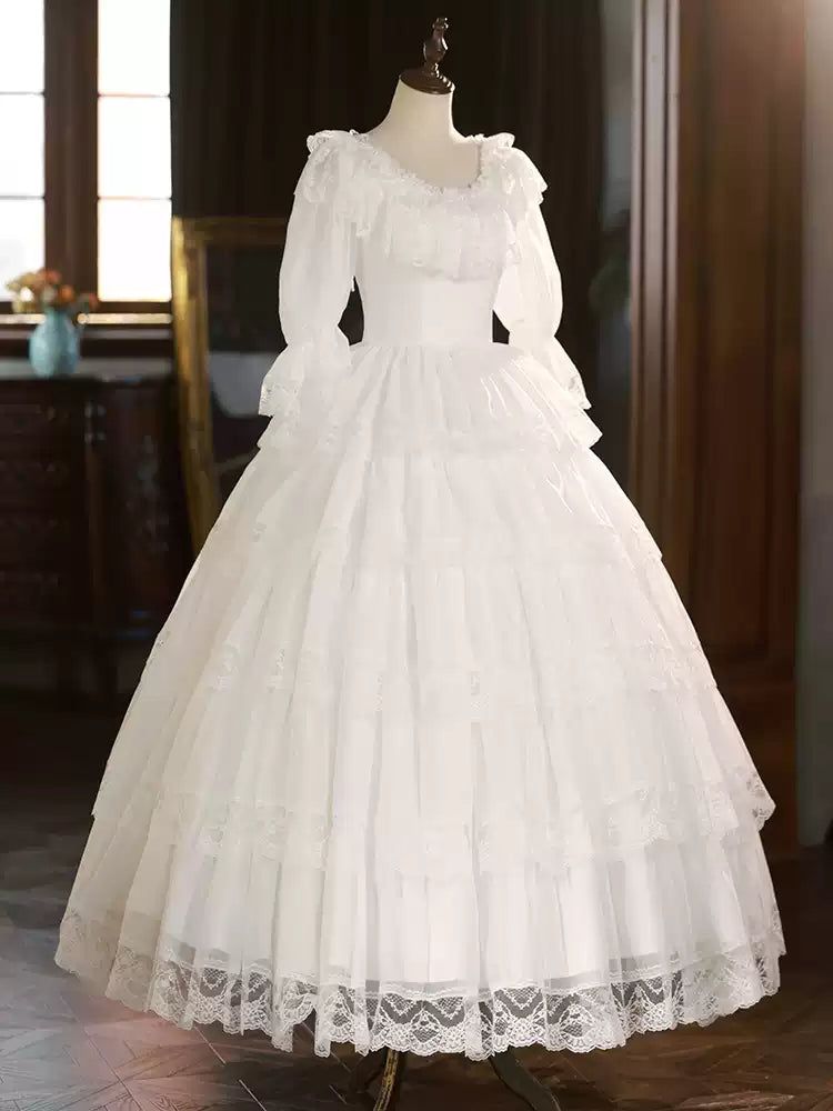 Lace Wedding Dress with Long Sleeves and Corset – Ruffle Layered Wedding Dress with Puff Sleeves Plus Size