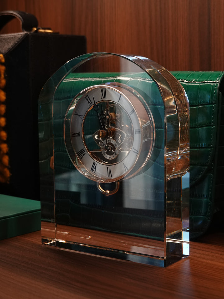 Vintage-Inspired Luxury Handmade K9 Waterford Crystal Clock  with Brass Accents in Heavy Transparent