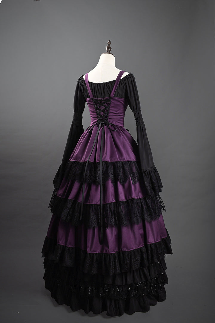 Victorian-Inspired Gothic Purple and Black Lace Ball Gown with Corset Bodice – Layered Satin Evening Dress Plus Size