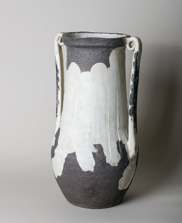 Artistical Handmade Moroccan Black and White Clay Vase with Rustic Minimalist Finish