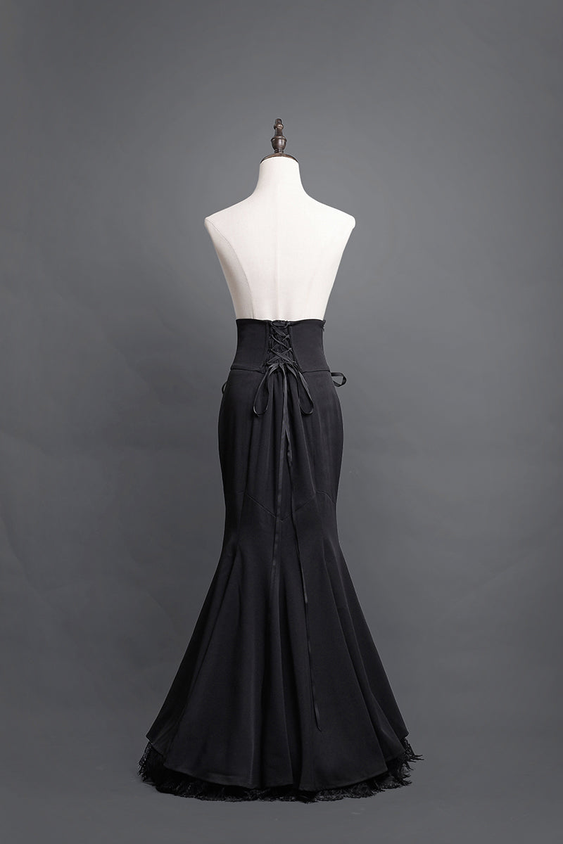 Victorian-Inspired Black Gothic Long Sleeve Velvet Evening Dress with Corset Waist – Lace Evening Gown Plus Size