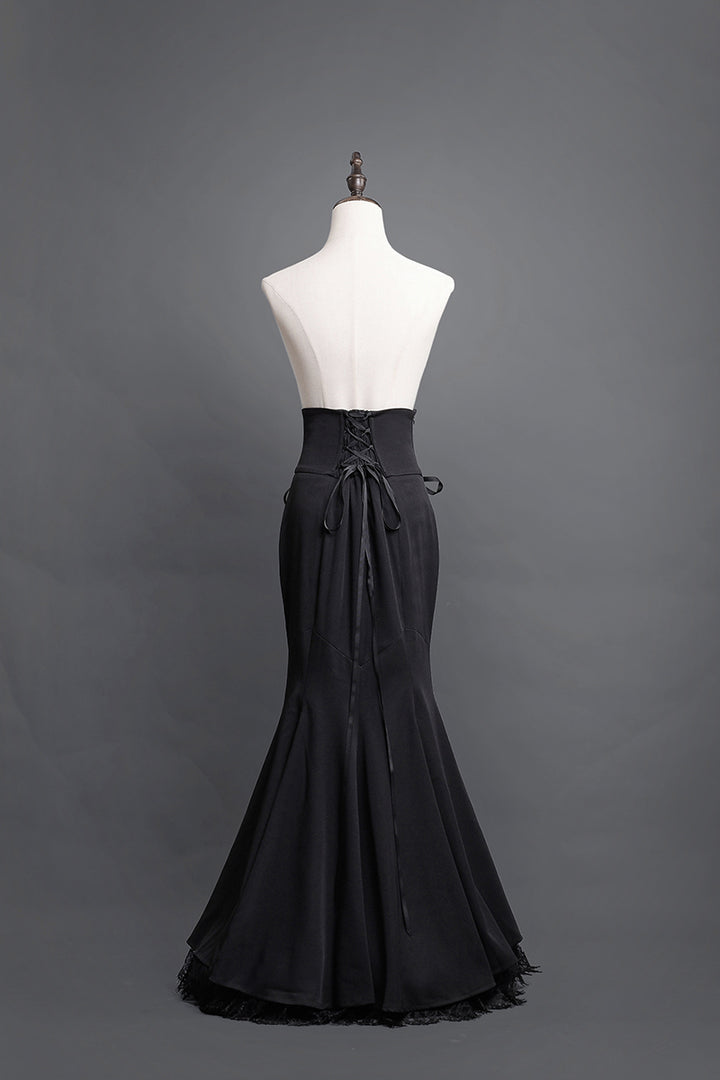 Victorian-Inspired Black Gothic Long Sleeve Velvet Evening Dress with Corset Waist – Lace Evening Gown Plus Size