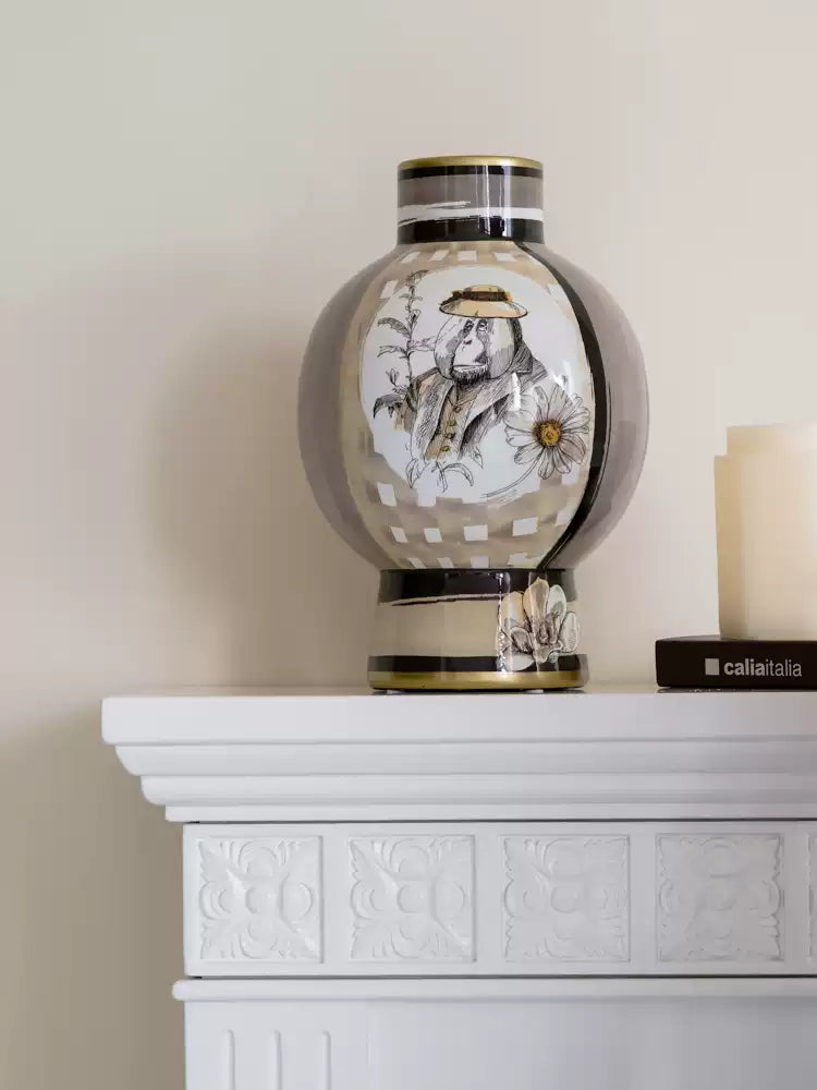 Vintage-Inspired Oriental Italian Light Cocoa Porcelain Vase with Hand-Painted Motifs