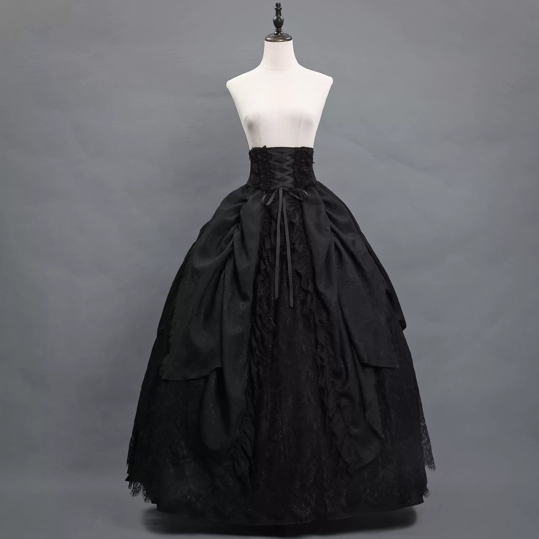Victorian-Inspired Gothic Black Lace Ball Gown with Long Sleeves and Corset Back – Baroque-Inspired Mourning Dress Plus Size