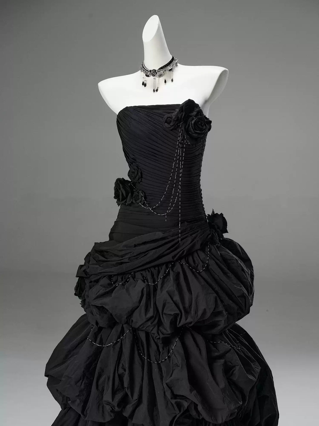 Gothic Black Strapless Evening Dress with Ruffled Skirt – Gothic Victorian Evening Dress with Corset Back Plus Size