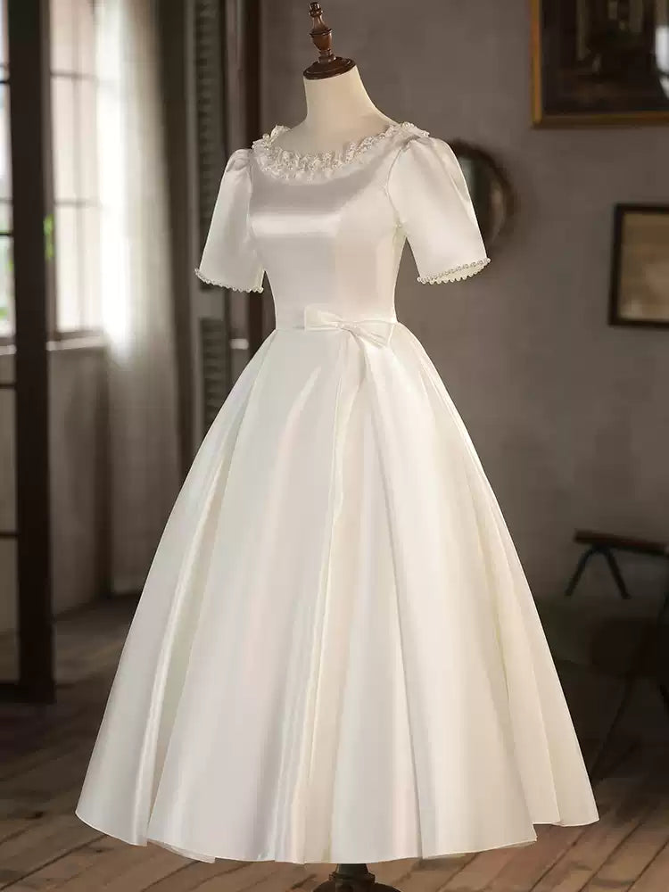 Satin Tea Length Wedding Dress with Floral Neckline – Simple Short Sleeve Wedding Dress with Bow Detail Plus Size