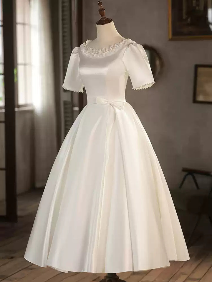 Satin Tea Length Wedding Dress with Floral Neckline – Simple Short Sleeve Wedding Dress with Bow Detail Plus Size
