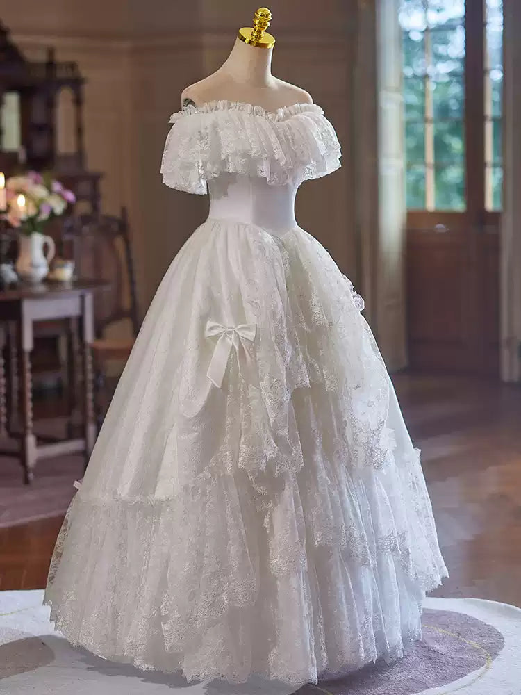 Off the Shoulder Wedding Dress with Ruffle Sleeves and Lace - Tiered Wedding Dress with Corset Back Plus Size