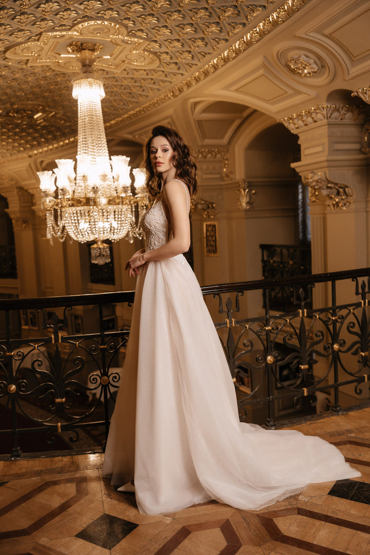 Ivory A-Line Spaghetti Strap Wedding Dress with Sequin – Tulle Wedding Dress with Corset Bodice Plus Size – JULIANA
