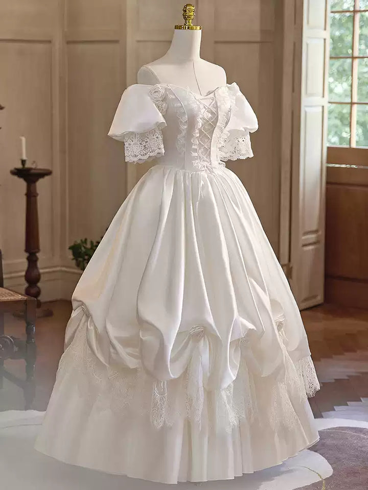 White Satin Wedding Dress with Puff Sleeve –  Lace Wedding Gown Off Shoulder with Ruched Skirt and Corset Plus Size
