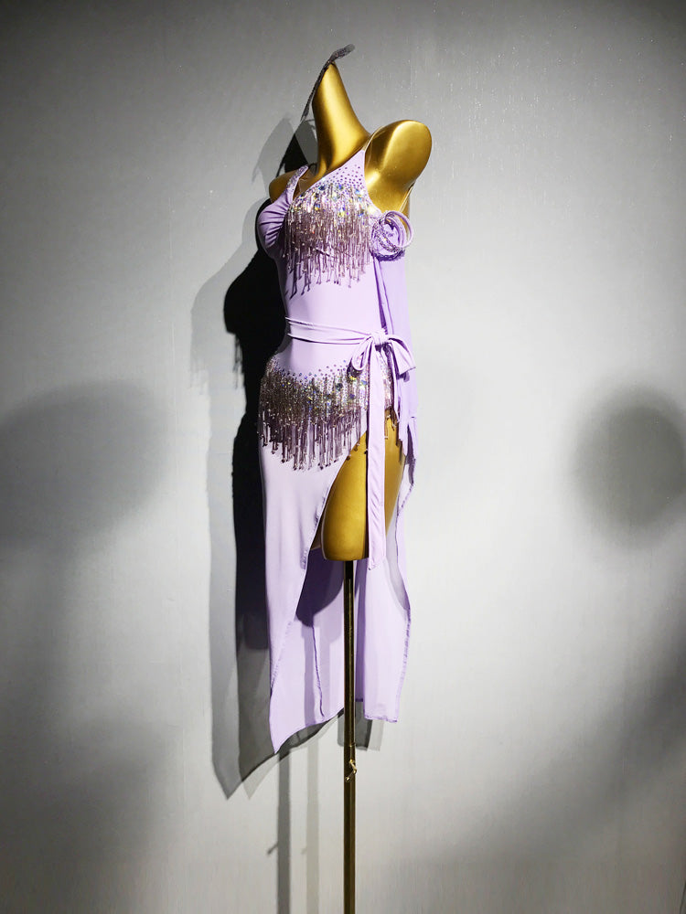 Purple Salsa Dance Dress Lilac Asymmetric Sequin Fringe with Spaghetti Straps – Latin Dance Costumes