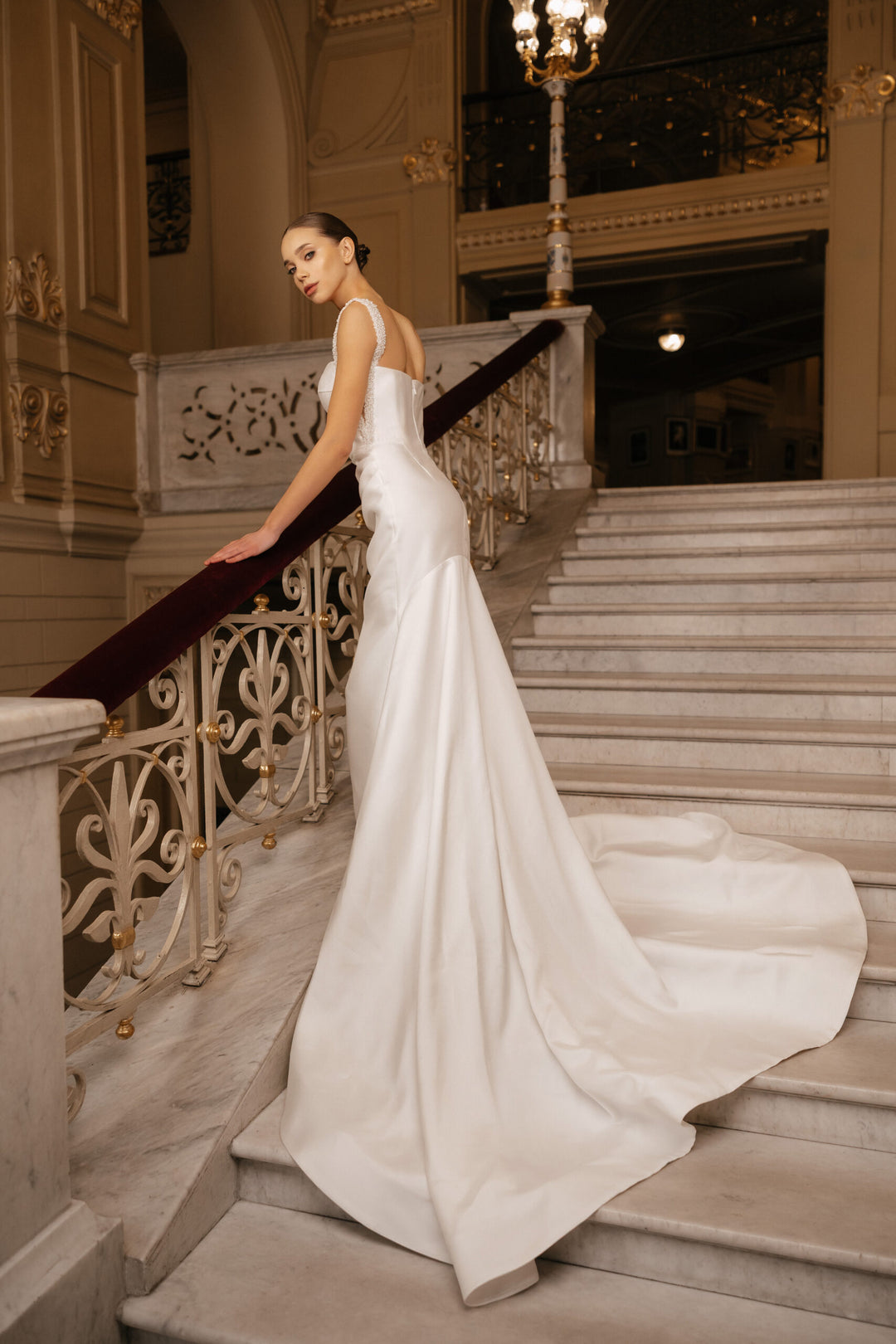 Ivory Satin Wedding Dress with Removable Train - Sleeveless Mermaid Wedding Dress with Pearl Straps Plus Size - ZOWIE