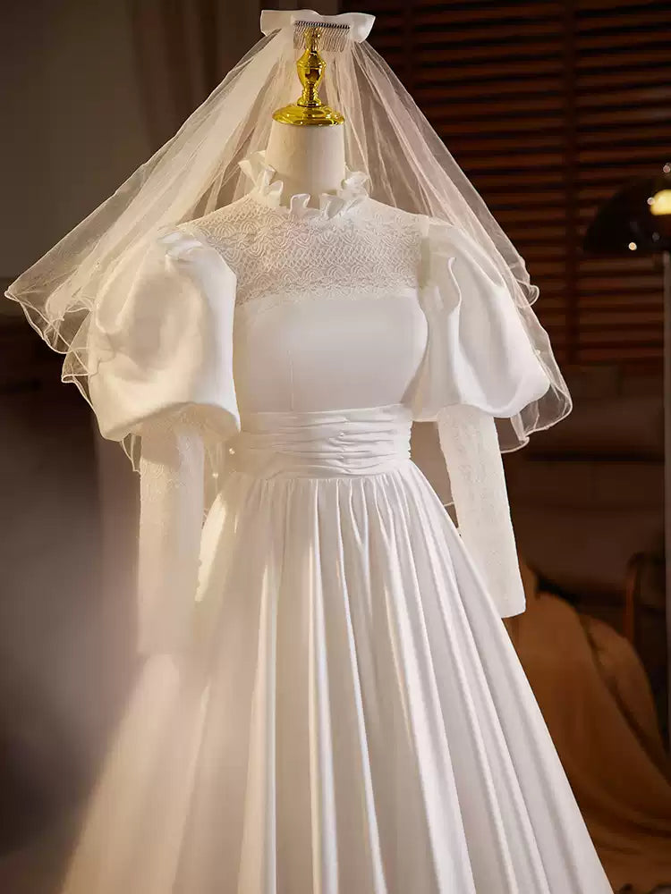Victorian High Neck Wedding Dress with Puff Sleeves – Long Sleeves Wedding Dress with Ruffle Hem Plus Size