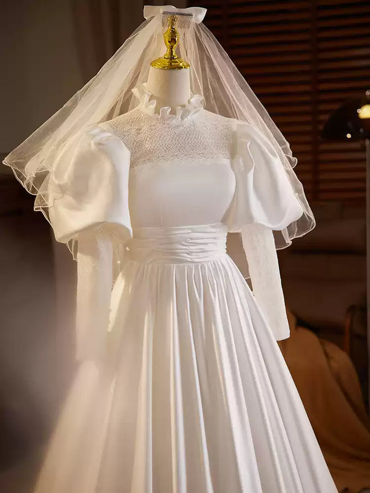 Victorian High Neck Wedding Dress with Puff Sleeves – Long Sleeves Wedding Dress with Ruffle Hem Plus Size