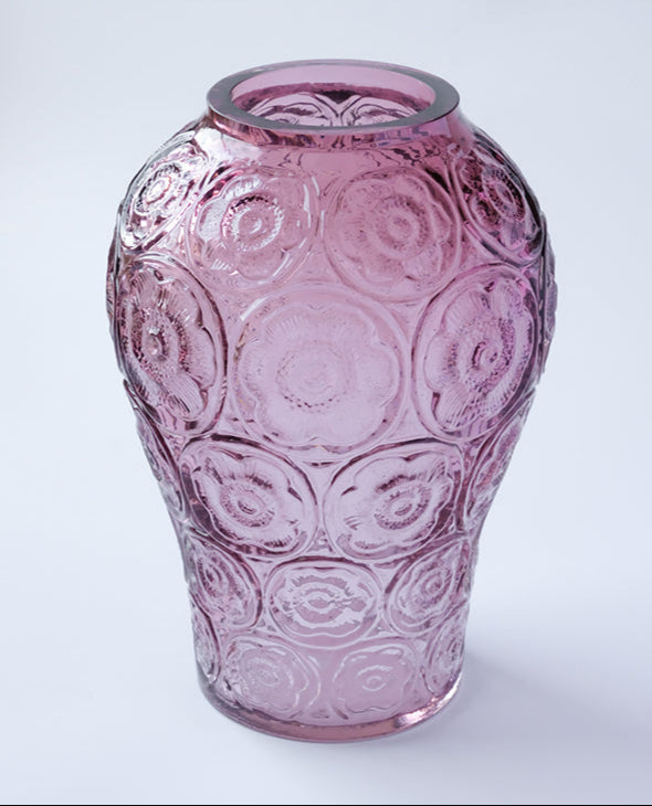 Baroque French Handmade Purple Murano Glass Vase with Embossed Floral Design Crystal Style