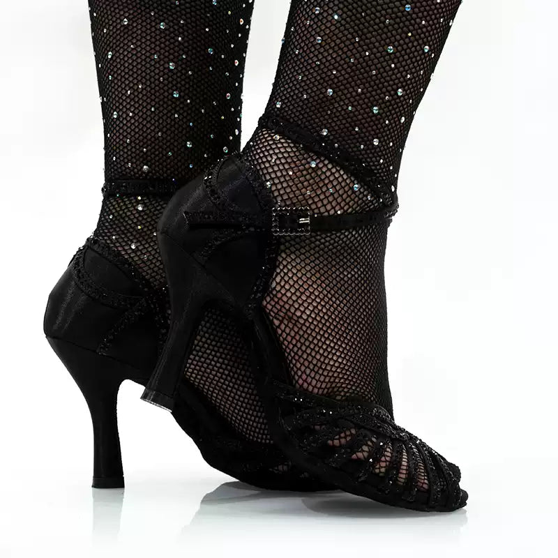 Twilight Gleam – Handmade Black Glitter Satin Salsa Dance Heels