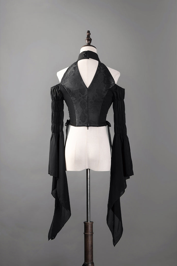 Victorian-Inspired Gothic Black Halter Dress with Bell Sleeves and Lace-Up – Long Sleeves Evening Gown Plus Size