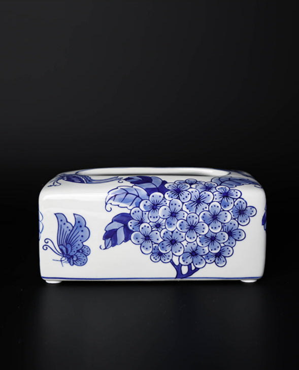Oriental Handmade Blue and White Porcelain Tissue Box with Hand-Painted Underglaze Art