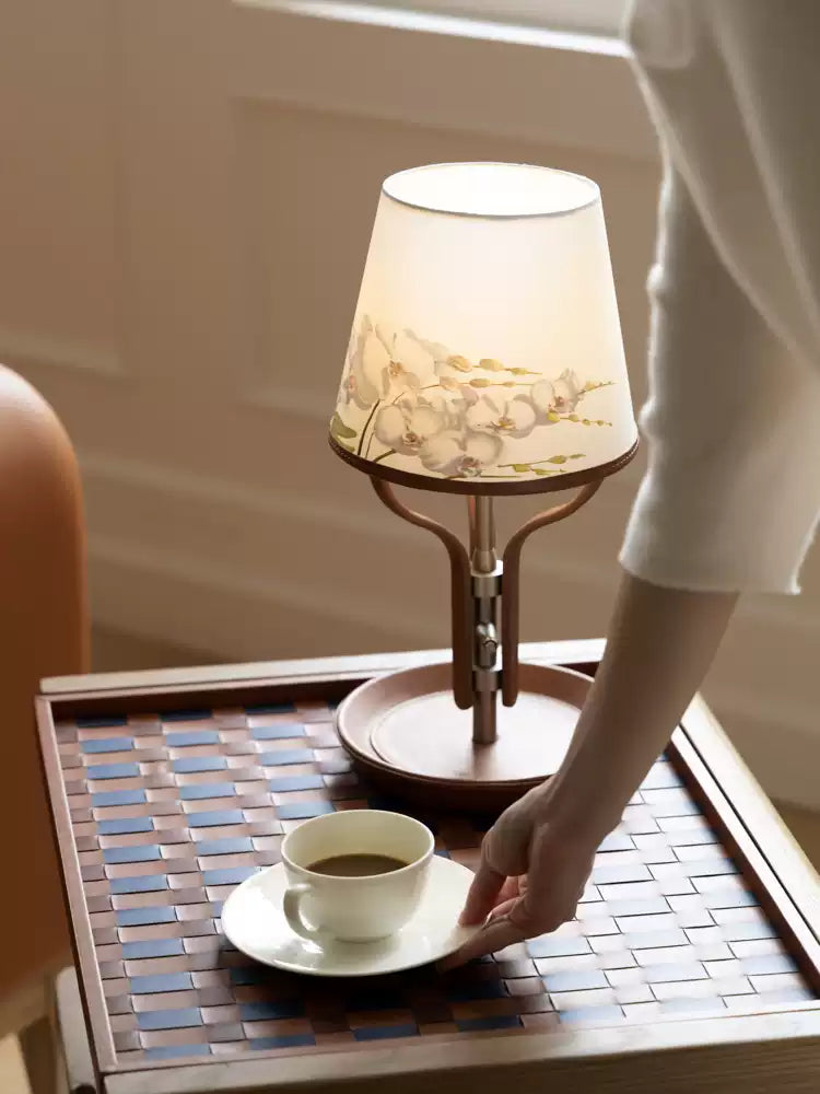 Oriental Handmade Orchid Designer Lamps with Linen Shade and Italian Leather Base
