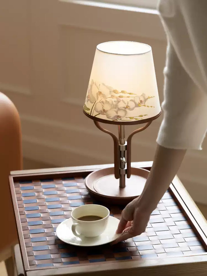 Oriental Handmade Orchid Designer Lamps with Linen Shade and Italian Leather Base