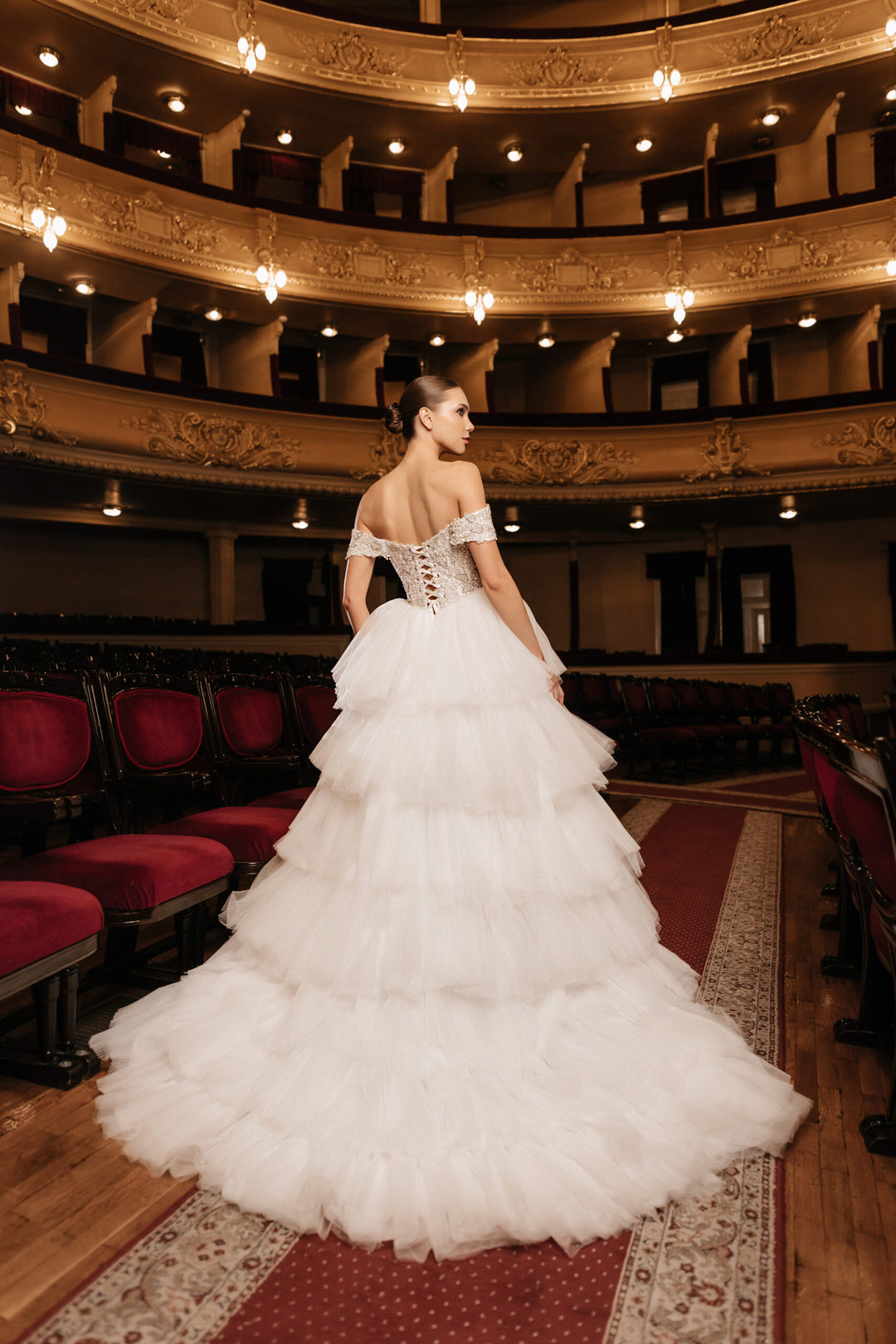 Ivory A-Line Wedding Dress with Pleated Skirt – Layered Tulle Ruffle Dress with Lace Corset Plus Size – RAFFAELLA