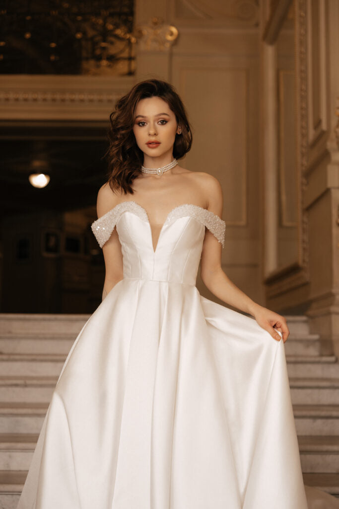 Ivory A-Line Wedding Dress with Long Train –  Off the Shoulder Wedding Gown with Pearl and Deep Neckline Plus Size – DANIELLE