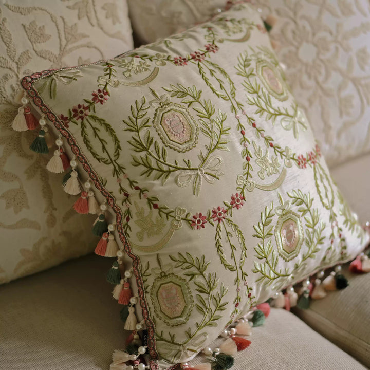 Baroque Laurel Medallion Embroidered Cushion – Handmade Satin Pillow with Tassel Trim