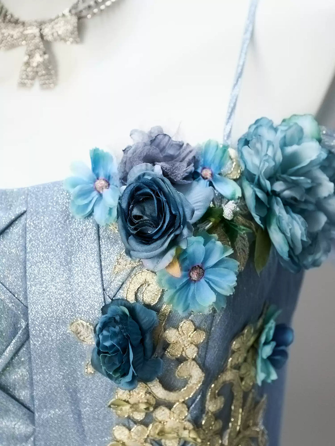 Dusty Blue Off-Shoulder Layered Tulle Ruffle Dress with Floral Appliqué – Floral Evening Dress with Corset Back Plus Size
