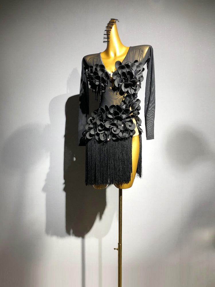 Black Salsa Dance Dress Black Fringe with 3D Appliqué Mesh Long Sleeves – Handmade Latin Dance Costumes