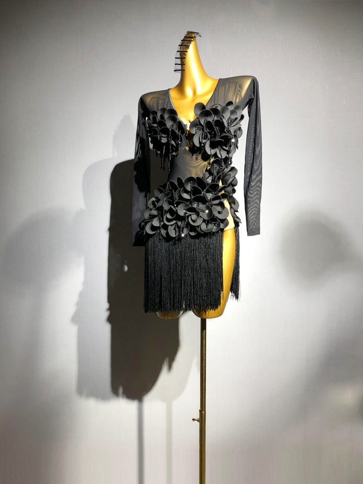 Black Salsa Dance Dress Black Fringe with 3D Appliqué Mesh Long Sleeves – Handmade Latin Dance Costumes