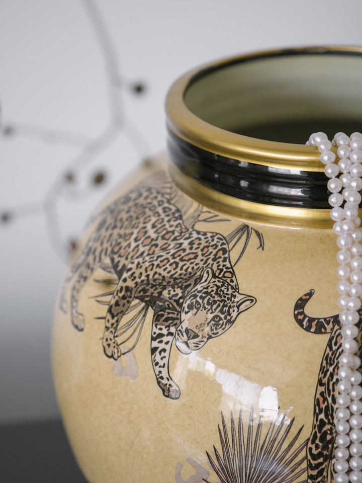 Vintage-Inspired Handmade French Painted Ceramic Leopard Vase