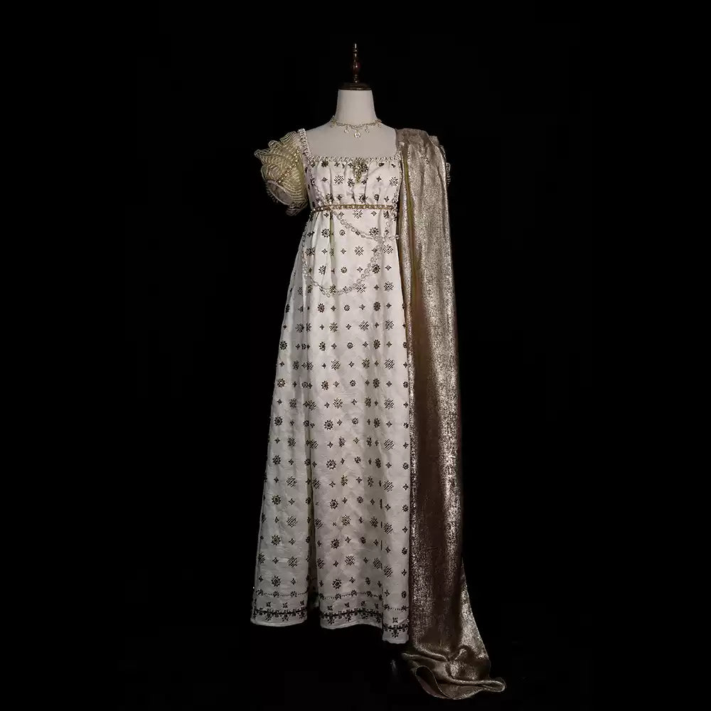 Bridgerton Inspired Regency Era Champagne Gold Empire Waist Embroidered Dress with Puff Sleeves – Vintage Vintage Gown with Metallic Shawl Plus Size