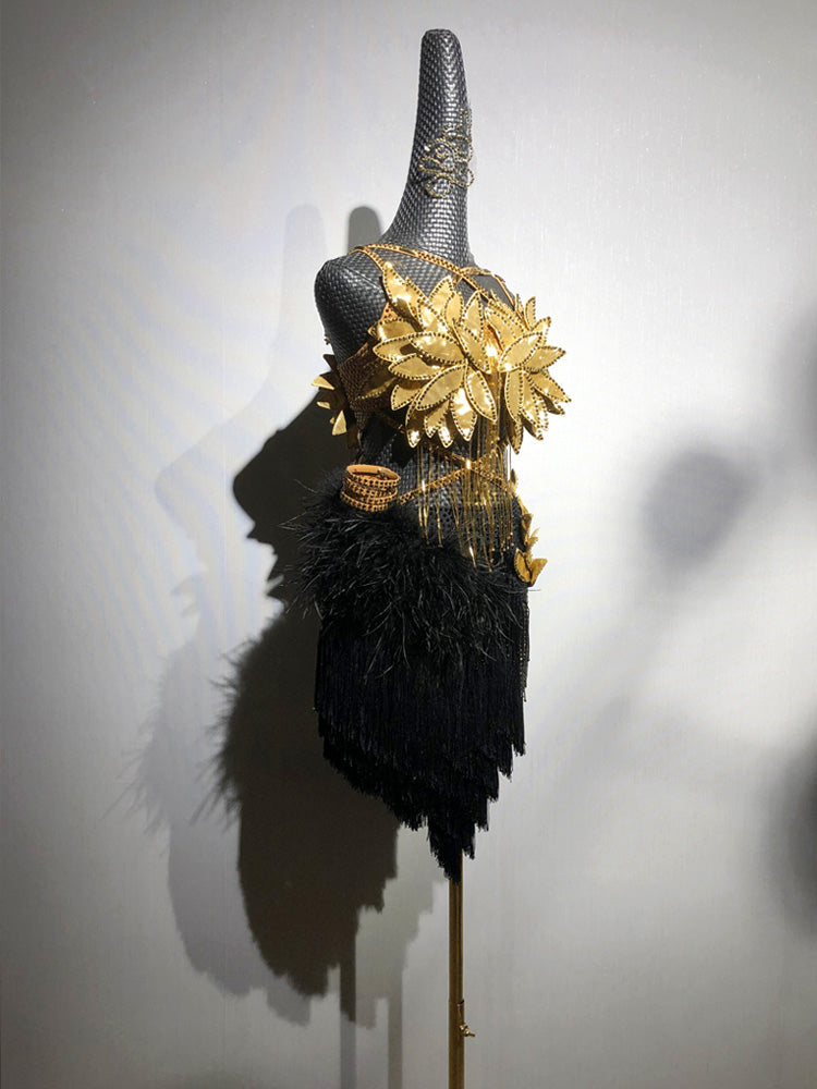 Gold and Black Salsa Dance Dress with Feather Trim and Handmade Floral Appliqué – Latin Dance Costumes