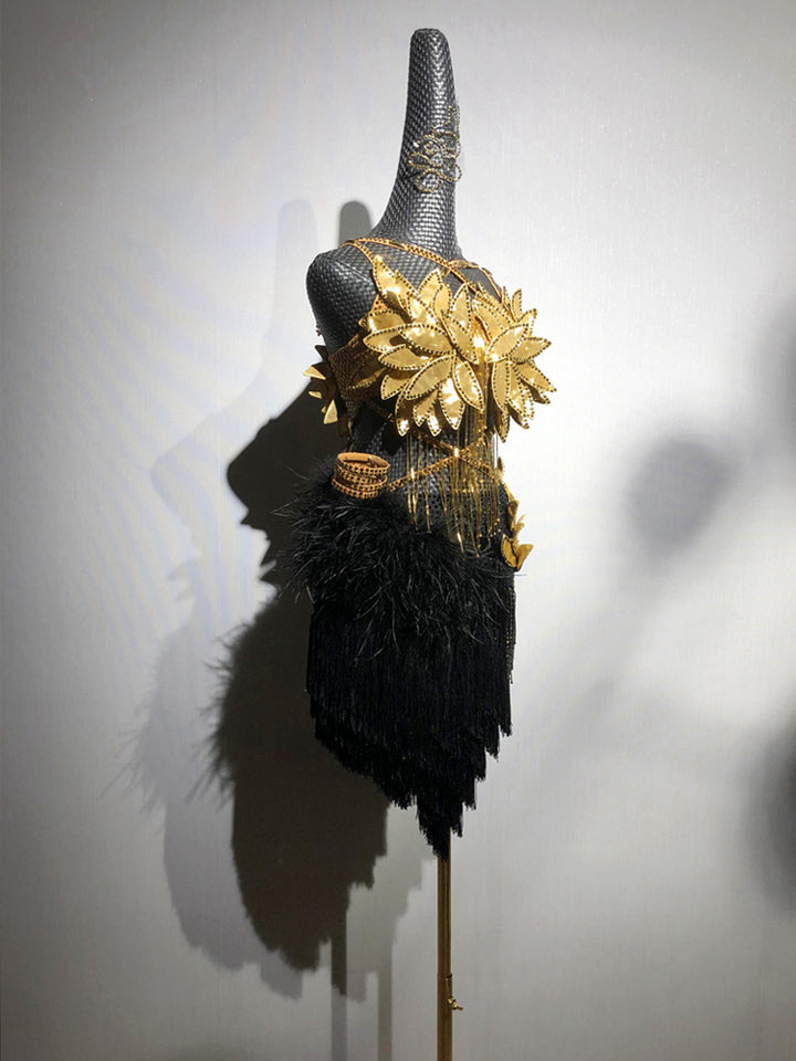 Gold and Black Salsa Dance Dress with Feather Trim and Handmade Floral Appliqué – Latin Dance Costumes