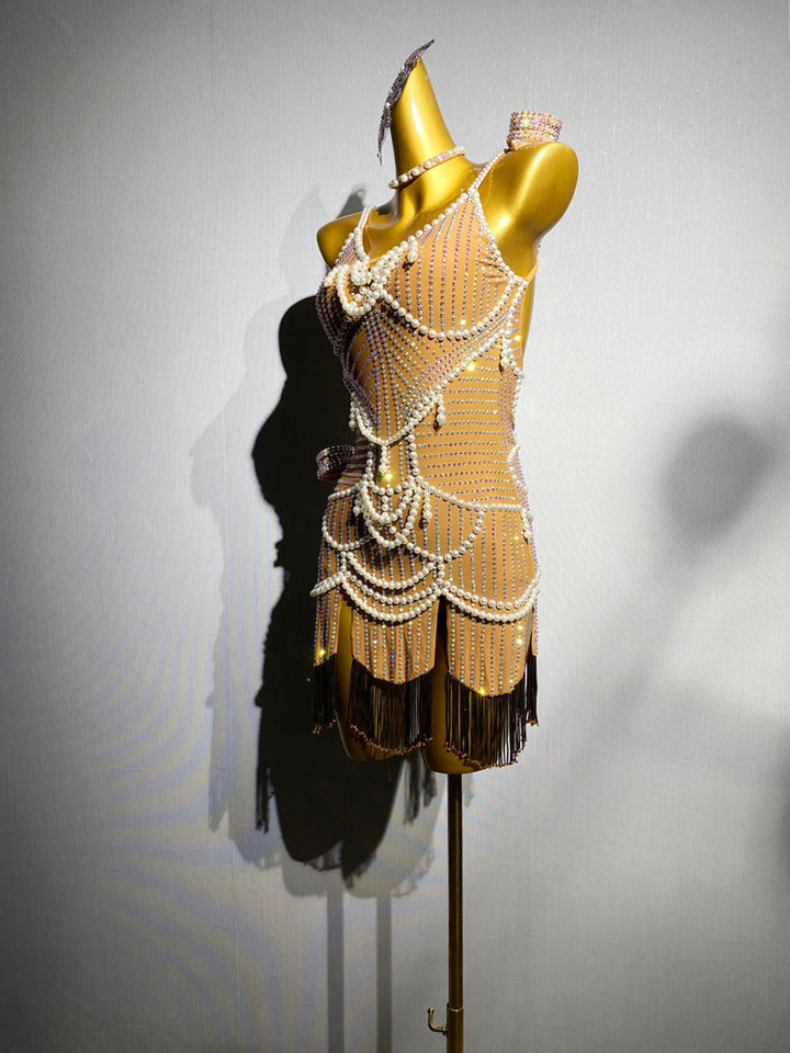 Nude Salsa Sequin Dress with Pearl Chains and Black Fringe – Handmade Latin Ballroom Dance Costume