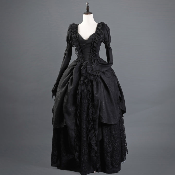 Victorian-Inspired Gothic Black Lace Ball Gown with Long Sleeves and Corset Back – Baroque-Inspired Mourning Dress Plus Size