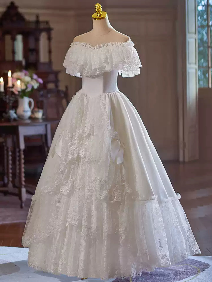 Off the Shoulder Wedding Dress with Ruffle Sleeves and Lace - Tiered Wedding Dress with Corset Back Plus Size