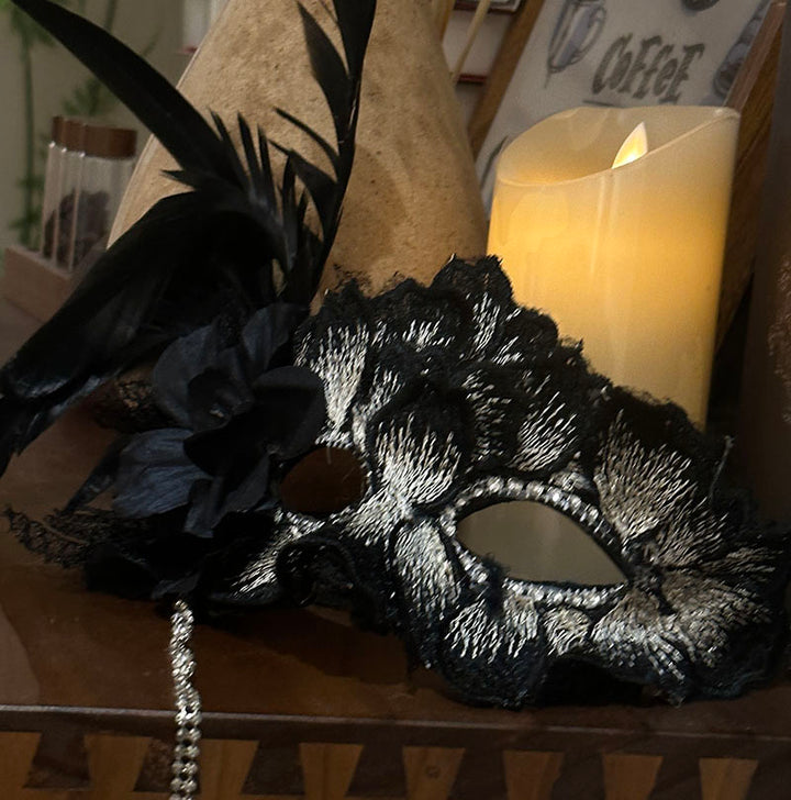 Handcrafted Gothic Black Feather Mask and Prom Mask with Lace Fringe – Elegant Mardi Gras Mask for Masquerade