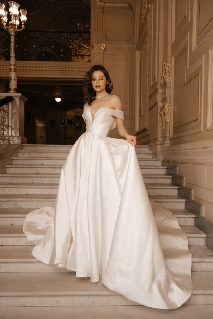 Ivory A-Line Wedding Dress with Long Train –  Off the Shoulder Wedding Gown with Pearl and Deep Neckline Plus Size – DANIELLE