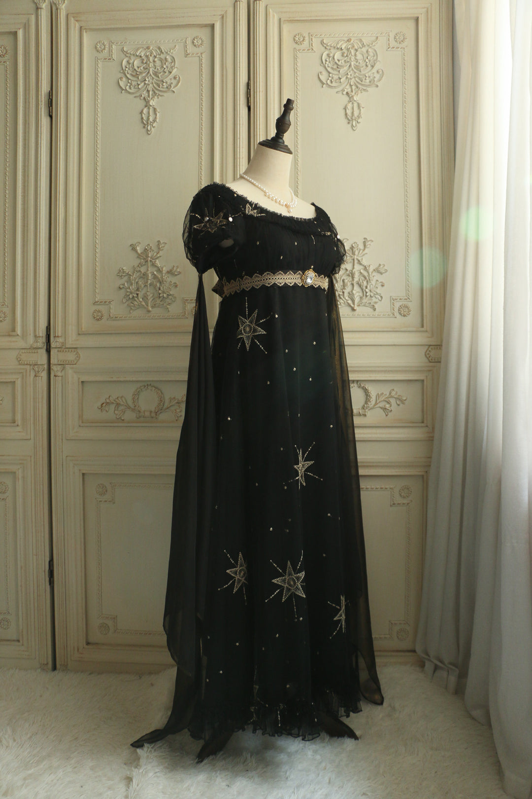 Regency Era Midnight Black Star Embroidered Empire Waist Gown – Bridgerton Inspired Dress Plus Size