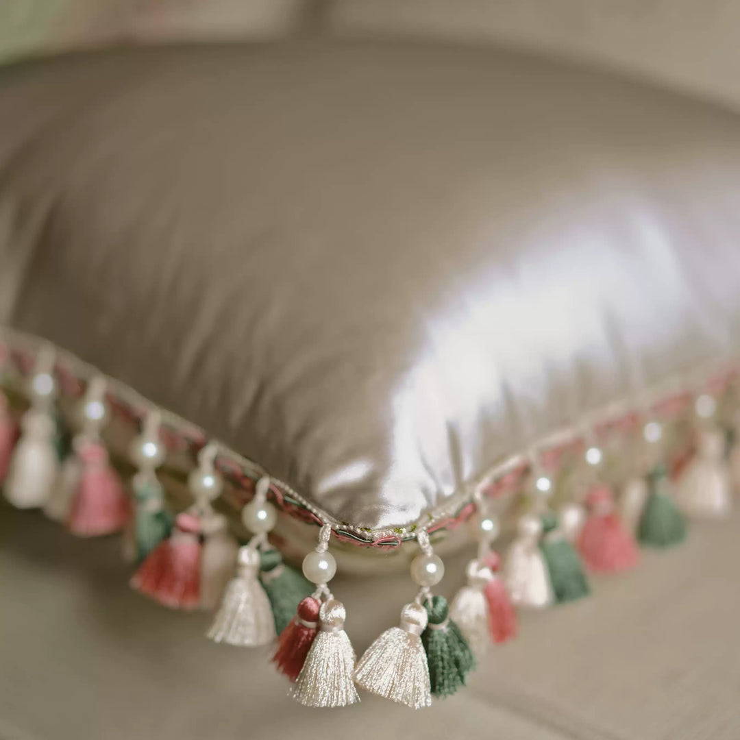 Baroque Laurel Medallion Embroidered Cushion – Handmade Satin Pillow with Tassel Trim